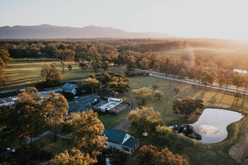 Aerial view of Greystone Estate in the Hunter Valley at golden hour